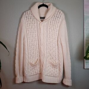 Divided Wool Blend Classic Cable Knit Fisherman White Cardigan Elbow Patches L